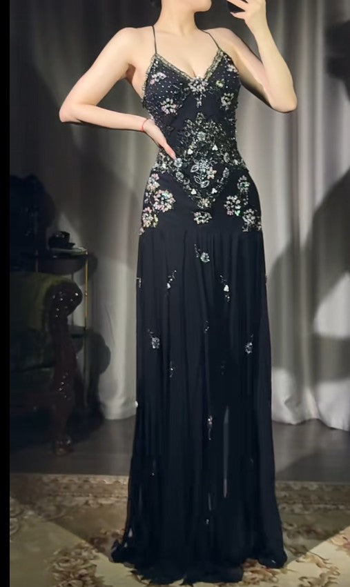 Black V-neck Sheath Long Prom Dresses Chiffon Beading Open Back Evening Gowns with Slit HZ1024