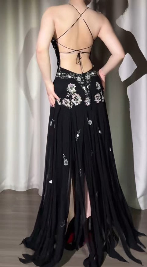 Black V-neck Sheath Long Prom Dresses Chiffon Beading Open Back Evening Gowns with Slit HZ1024
