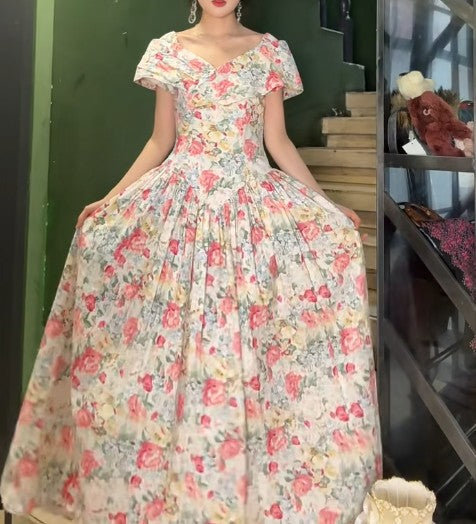 V-Neck Printed A-Line Garden Wedding Guest Dress HZ1024