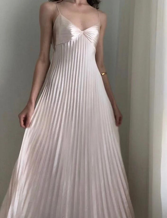 Light Champagne Spaghetti Straps Guest Dresses Sheath Pleated Chiffon Fashion Prom Dress with Backless ED02223