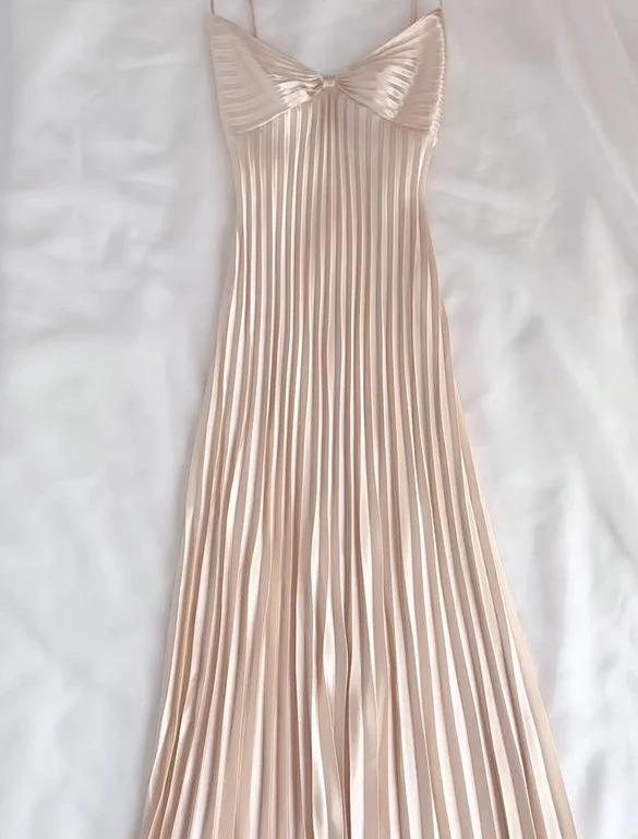 Light Champagne Spaghetti Straps Guest Dresses Sheath Pleated Chiffon Fashion Prom Dress with Backless ED02223