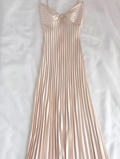 Light Champagne Spaghetti Straps Guest Dresses Sheath Pleated Chiffon Fashion Prom Dress with Backless ED02223