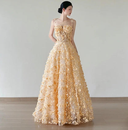Yellow A-Line Spaghetti Straps Tulle Applique Beading Wedding Dress Fairytale Long Prom Dresses HZ1024