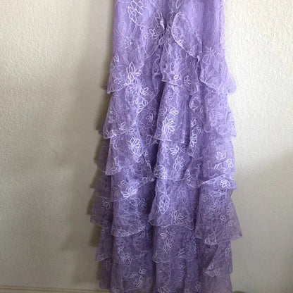 Sweet Lilac  V-neck Lace Long Prom Dresses A-line Backless Evening Gowns ED02228