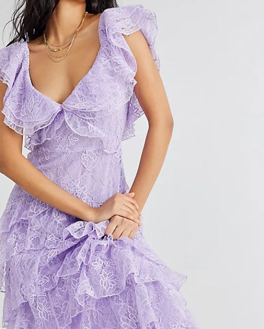 Sweet Lilac  V-neck Lace Long Prom Dresses A-line Backless Evening Gowns ED02228