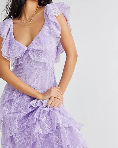 Sweet Lilac  V-neck Lace Long Prom Dresses A-line Backless Evening Gowns ED02228