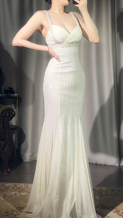 Apricot Spaghetti Straps Mermaid Party Dress Beaded Chiffon Prom Dresses Elegant Evening Gowns HZ1024