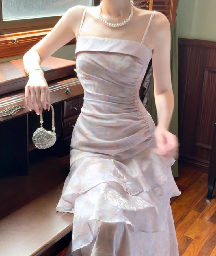 Fairytale Pink Spaghetti Straps Long Prom Dress Formal Dresses Chiffon Ruffles Layered Stunning 18th Birthday Party Dresses ED02230