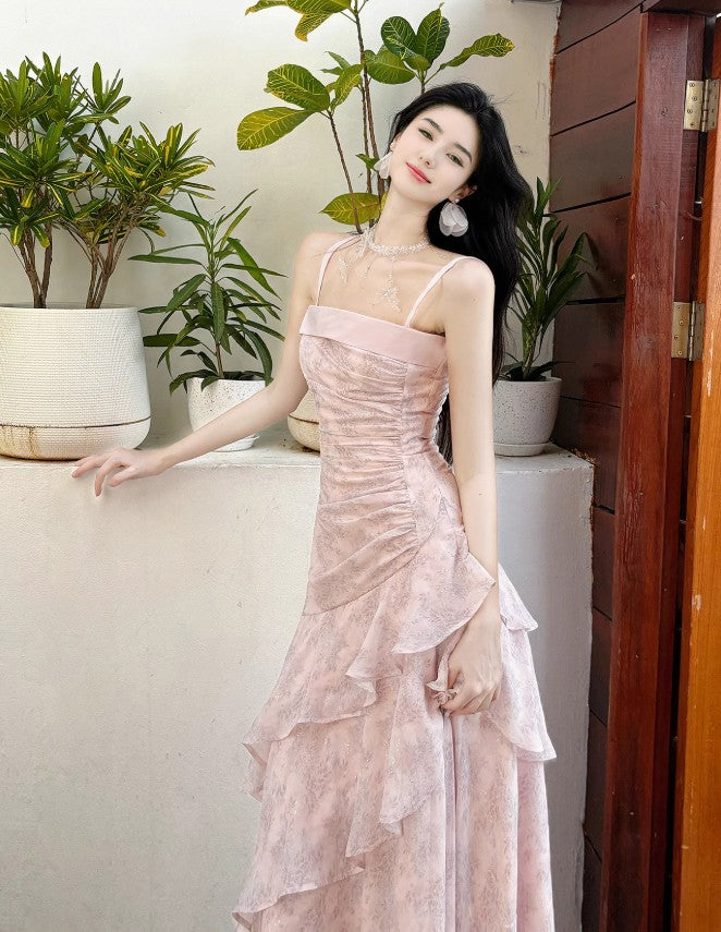 Fairytale Pink Spaghetti Straps Long Prom Dress Formal Dresses Chiffon Ruffles Layered Stunning 18th Birthday Party Dresses ED02230
