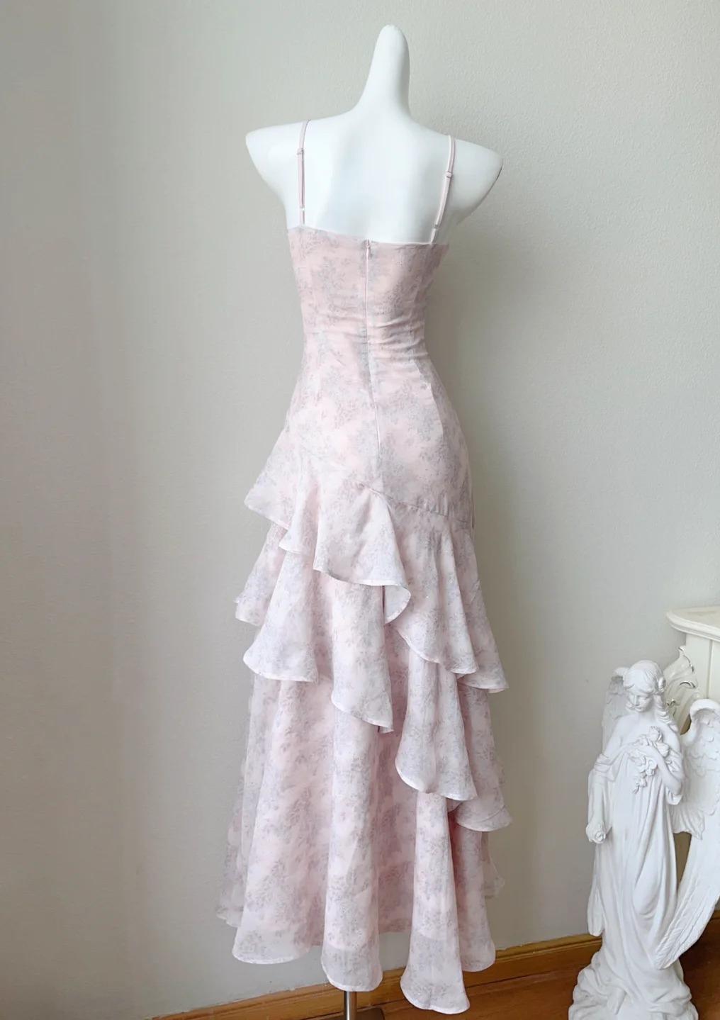 Fairytale Pink Spaghetti Straps Long Prom Dress Formal Dresses Chiffon Ruffles Layered Stunning 18th Birthday Party Dresses ED02230