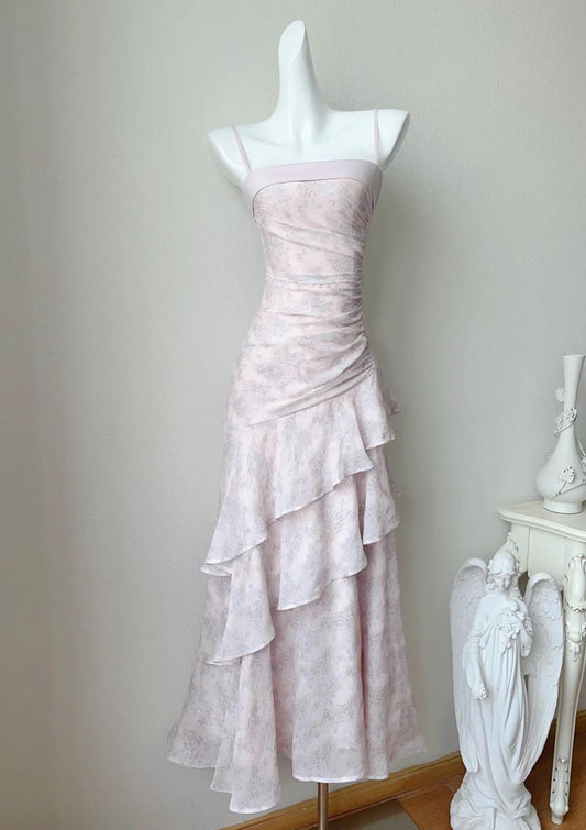 Fairytale Pink Spaghetti Straps Long Prom Dress Formal Dresses Chiffon Ruffles Layered Stunning 18th Birthday Party Dresses ED02230