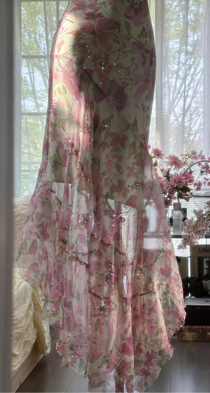 Gentle Printed Chiffon Sequin Mermaid Formal Dresses Spaghetti Strap Vintage Evening Dress ED02231