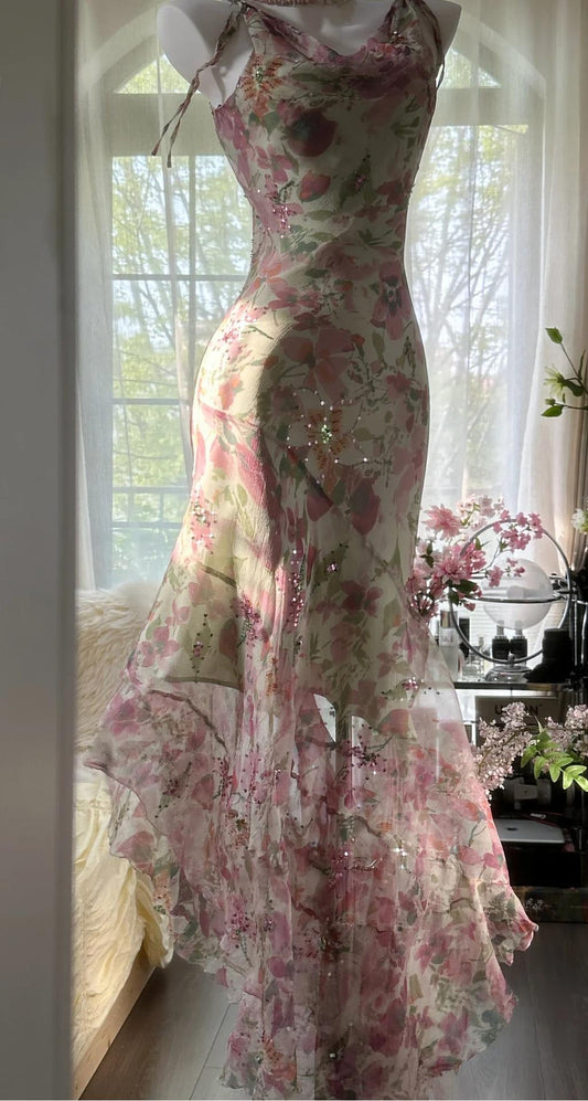 Gentle Printed Chiffon Sequin Mermaid Formal Dresses Spaghetti Strap Vintage Evening Dress ED02231