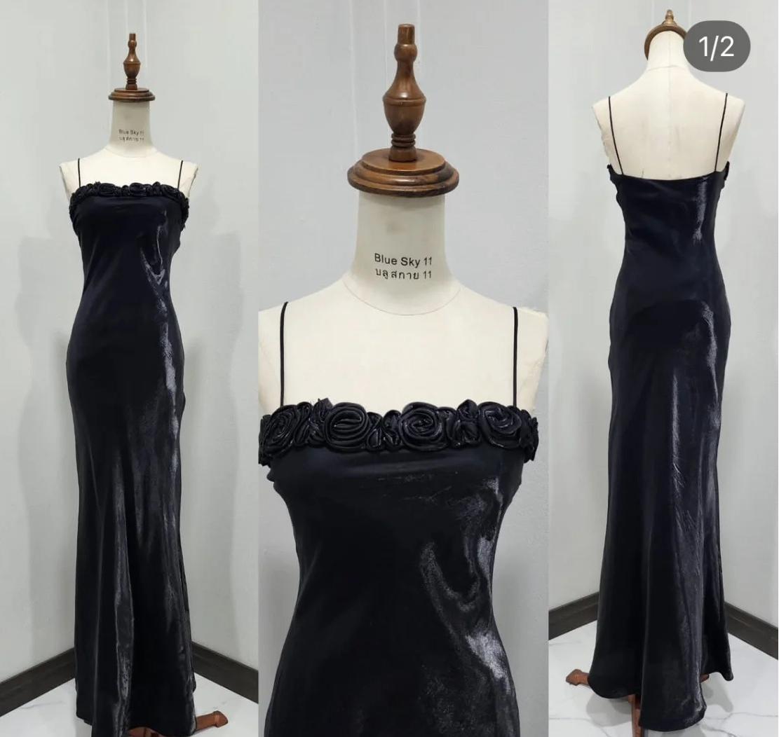 Black Spaghetti Strap Mermaid Satin Long Prom Dresses HZ1024