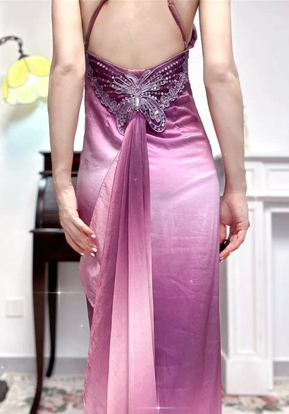 Gothic Retro Gradient Fuchsia Spaghetti Straps Satin Open Back Elegant Long Prom Dresses ED02234
