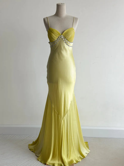 Yellow Formal Dresses Spaghetti Straps Satin Mermaid Long Prom Dresses HZ1024