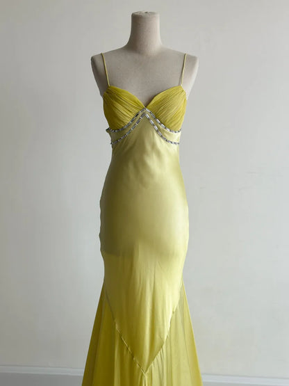 Yellow Formal Dresses Spaghetti Straps Satin Mermaid Long Prom Dresses HZ1024