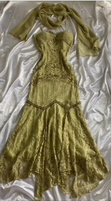 Vintage Spaghetti Straps Mermaid Lace Chiffon Prom Dresses with Beading ED02241