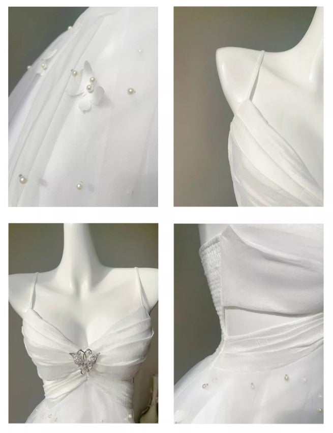 Pearl Butterfly Tulle White French A-Line Spaghetti Straps Birthday Dresses HZ1024