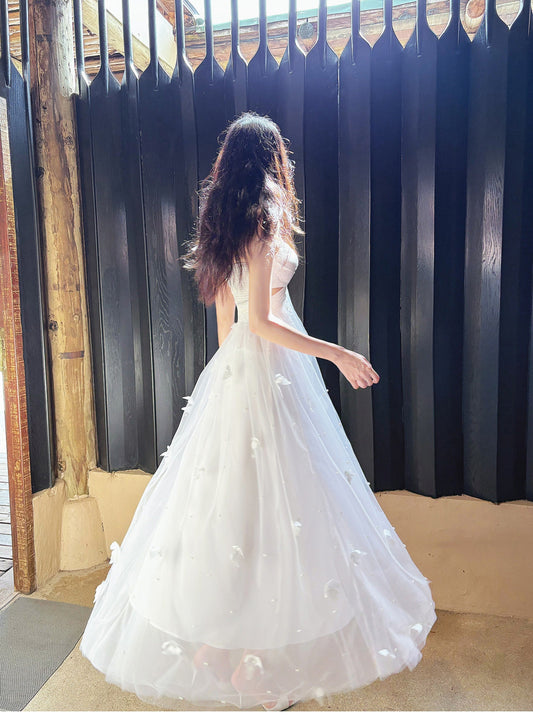 Pearl Butterfly Tulle White French A-Line Spaghetti Straps Birthday Dresses HZ1024