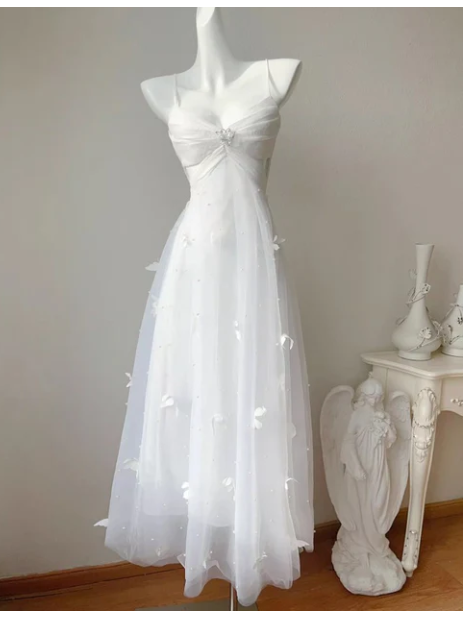 Pearl Butterfly Tulle White French A-Line Spaghetti Straps Birthday Dresses HZ1024