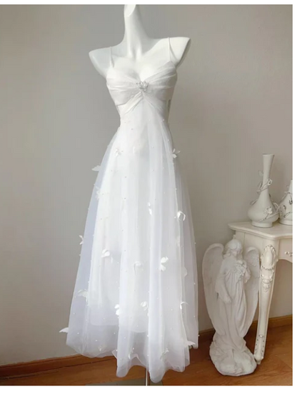 Pearl Butterfly Tulle White French A-Line Spaghetti Straps Birthday Dresses HZ1024