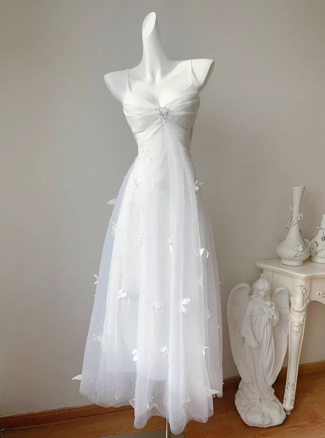Pearl Butterfly Tulle White French A-Line Spaghetti Straps Birthday Dresses HZ1024