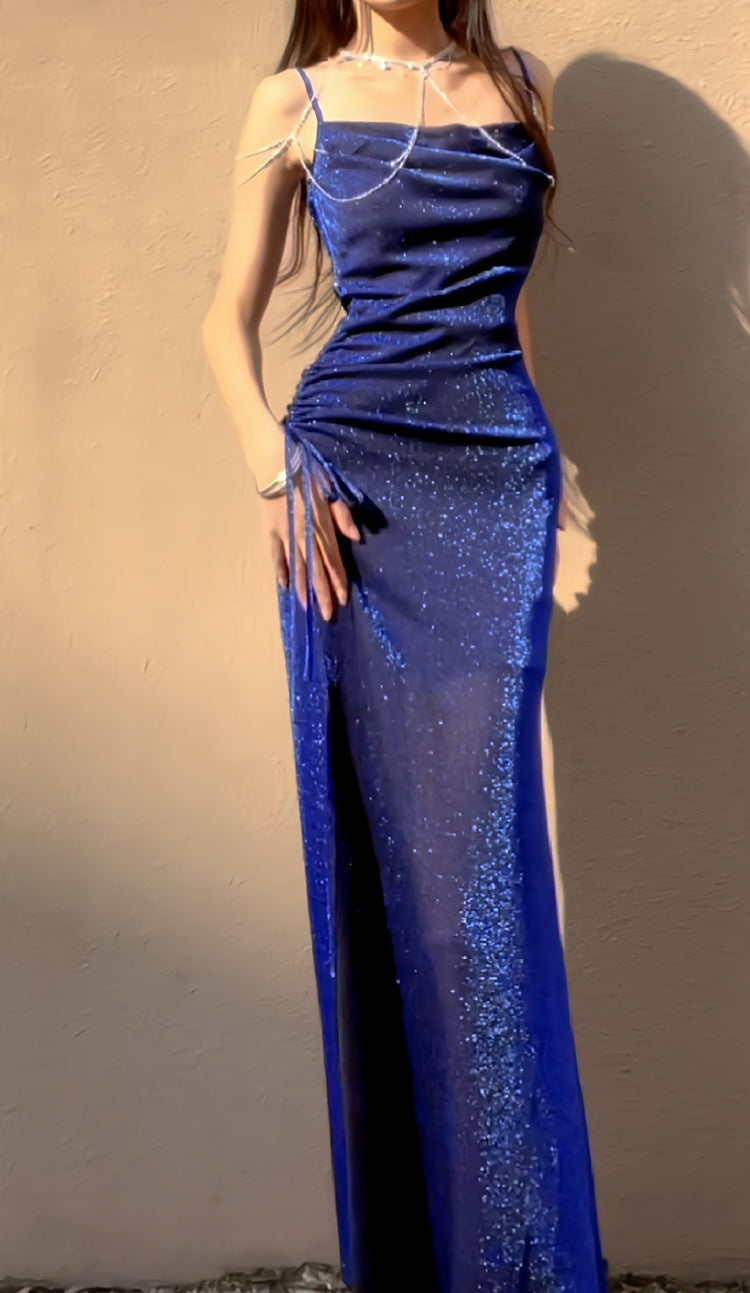 Blue Shiny Silk Mermaid Dress Swing Neck Luxurious Birthday Party Dress HZ1024