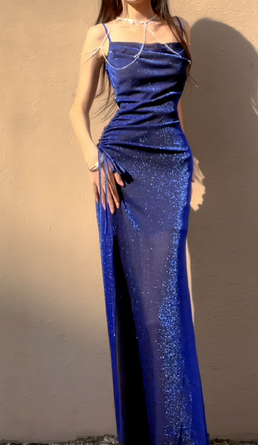 Blue Shiny Silk Mermaid Dress Swing Neck Luxurious Birthday Party Dress HZ1024
