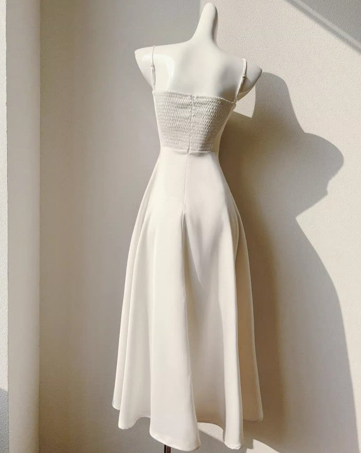 French Light Champagne Spaghetti Strap Satin A-Line Bridal Dress Elegant Wedding Guest Dress ED02244