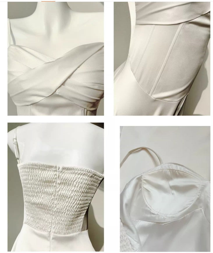 Light Champagne Spaghetti Strap Satin A-Line Bridal Dress Elegant Wedding Guest Dress HZ1024