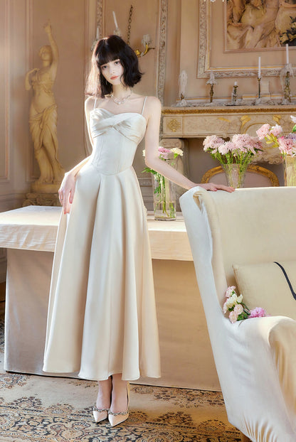 French Light Champagne Spaghetti Strap Satin A-Line Bridal Dress Elegant Wedding Guest Dress ED02244