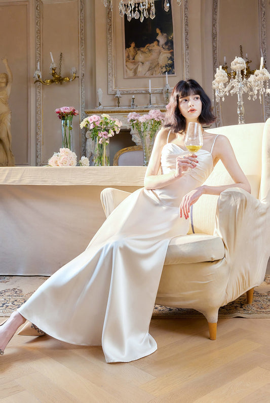 French Light Champagne Spaghetti Strap Satin A-Line Bridal Dress Elegant Wedding Guest Dress ED02244