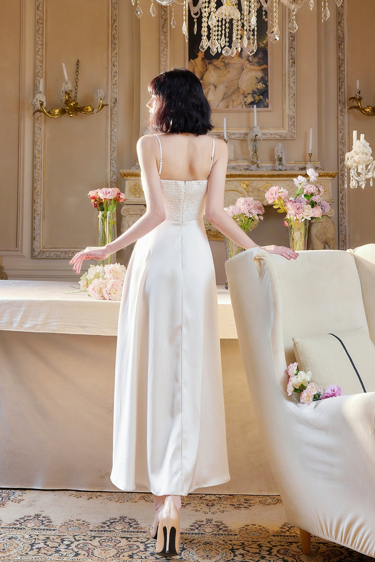 French Light Champagne Spaghetti Strap Satin A-Line Bridal Dress Elegant Wedding Guest Dress ED02244