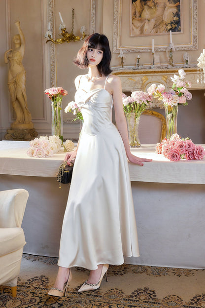 Light Champagne Spaghetti Strap Satin A-Line Bridal Dress Elegant Wedding Guest Dress HZ1024