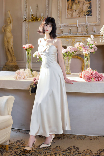 French Light Champagne Spaghetti Strap Satin A-Line Bridal Dress Elegant Wedding Guest Dress ED02244