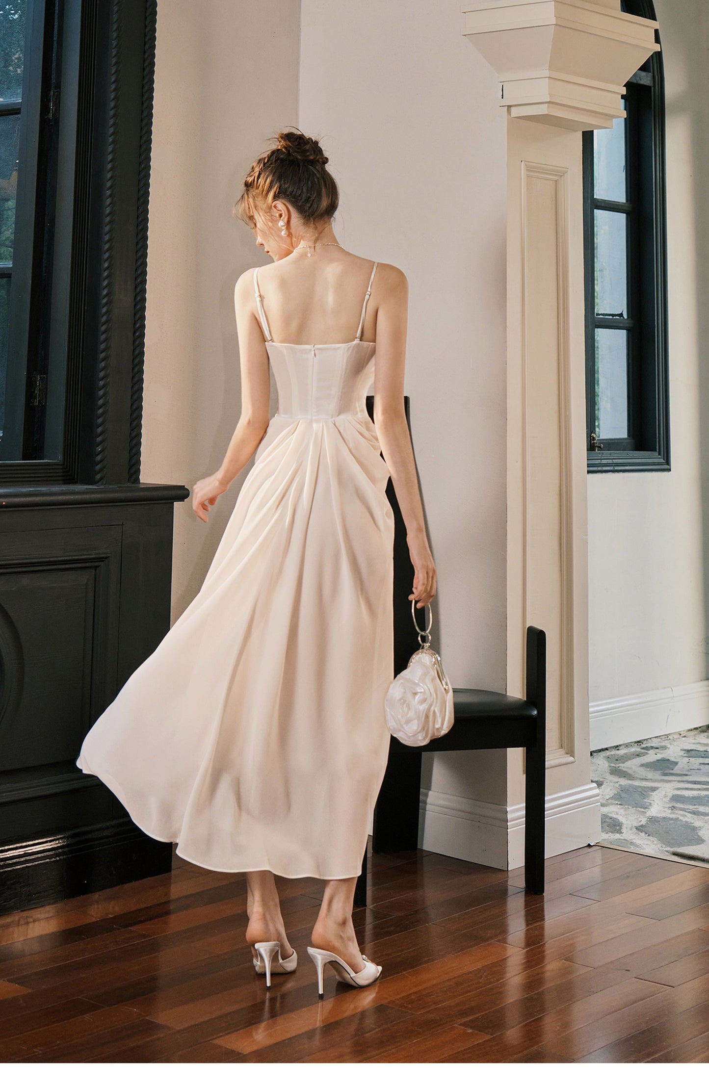 Champagne French Pearl Pendant Party Dress Satin Spaghetti Straps Chiffon Birthday Dress HZ1024