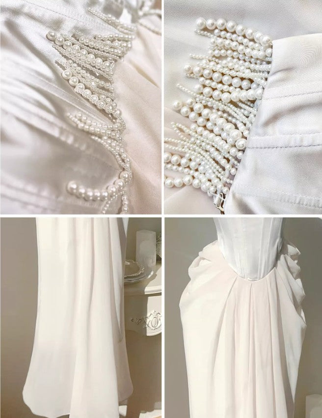 Champagne French Pearl Pendant Party Dress Satin Spaghetti Straps Chiffon Birthday Dress HZ1024