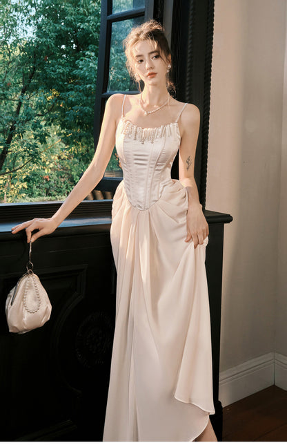 Light Champagne French Pearl Pendant Party Dress Satin Spaghetti Straps Chiffon Birthday Dress ED02245