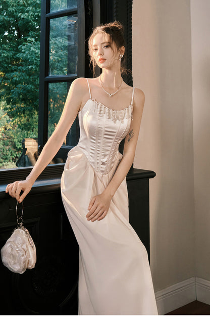 Champagne French Pearl Pendant Party Dress Satin Spaghetti Straps Chiffon Birthday Dress HZ1024