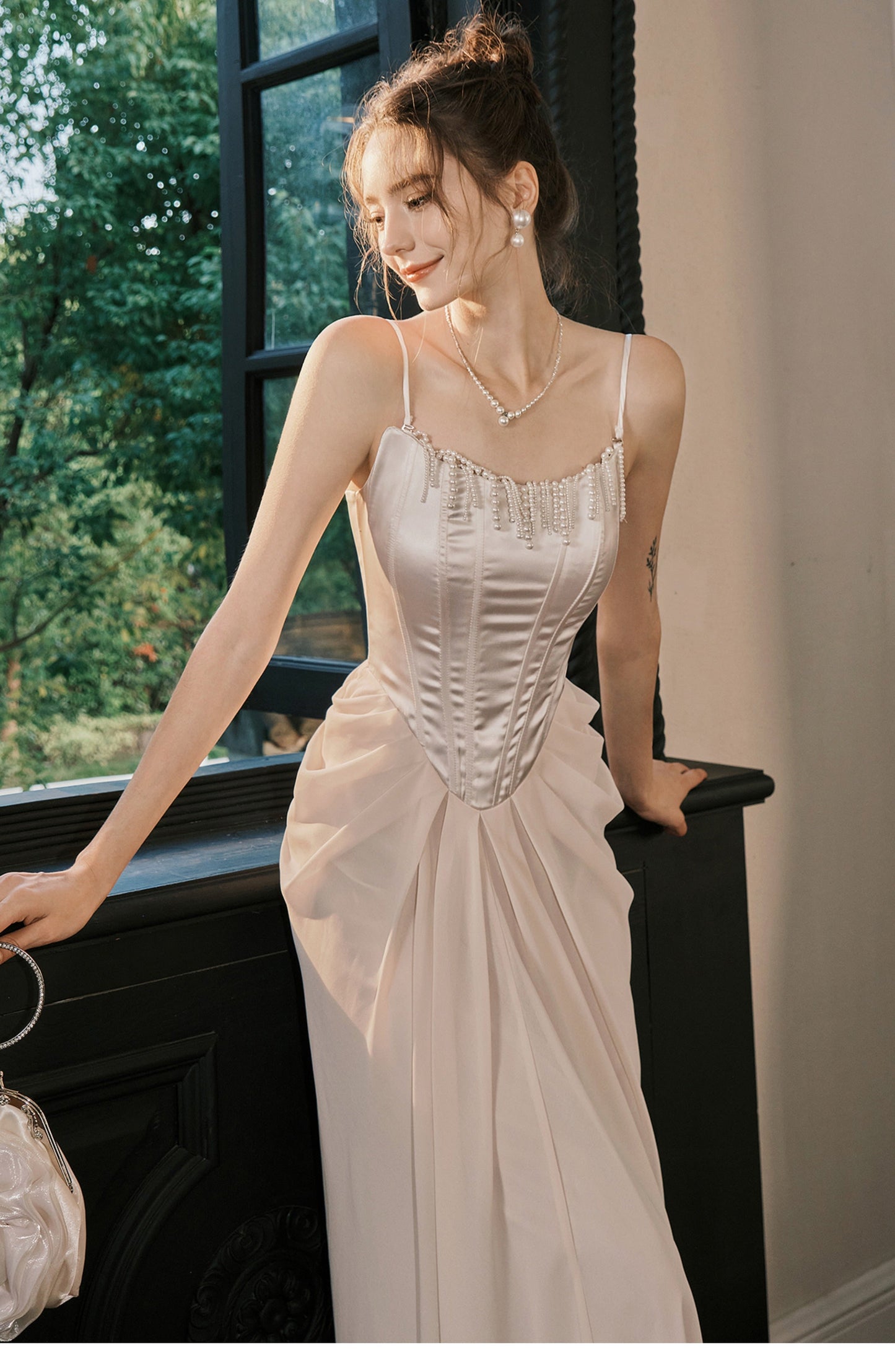 Champagne French Pearl Pendant Party Dress Satin Spaghetti Straps Chiffon Birthday Dress HZ1024