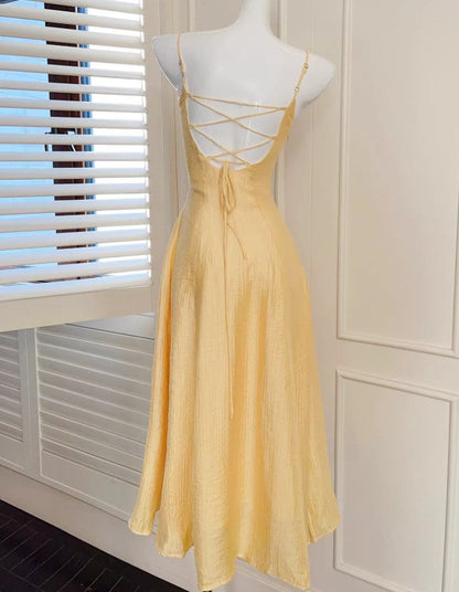 Butter Yellow Spaghetti Strap A-Line Birthday Dress Elegant Backless Party Dress HZ1024