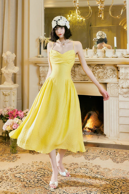 Butter Yellow Spaghetti Strap A-Line Birthday Dress Elegant Backless Party Dress HZ1024