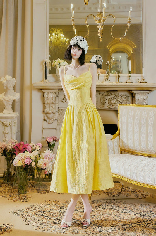 Butter Yellow Spaghetti Strap A-Line Birthday Dress Elegant Backless Party Dress HZ1024