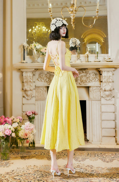 Sweet Butter Yellow Spaghetti Strap A-Line Birthday Dress Elegant Backless Party Dress ED02246