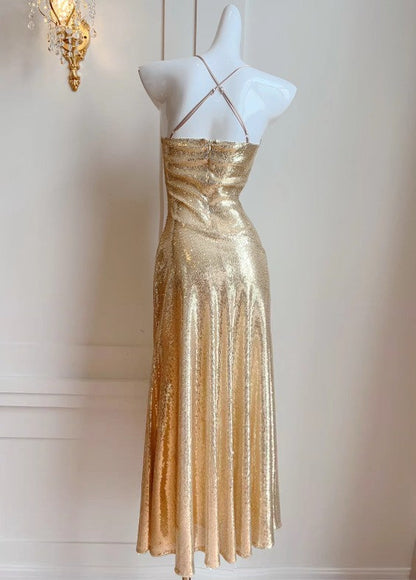 Gold Sequin Spaghetti Strap A-Line Evening Dress Backless Sparkling Birthday Party Dress HZ1024