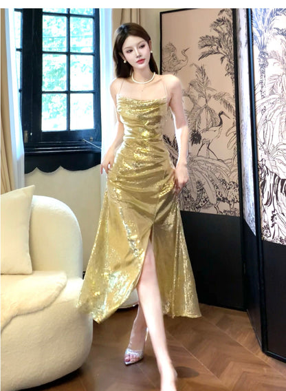 Gold Sequin Spaghetti Strap A-Line Evening Dress Backless Sparkling Birthday Party Dress HZ1024