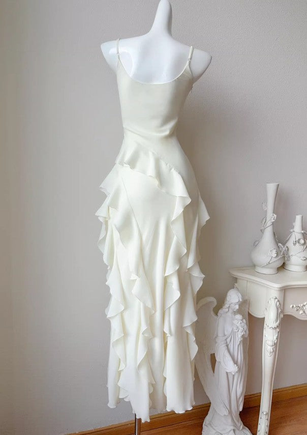 Birthday Evening Gowns Off-White Spaghetti Straps Chiffon Ruffles A-Line Prom Dresses HZ1024