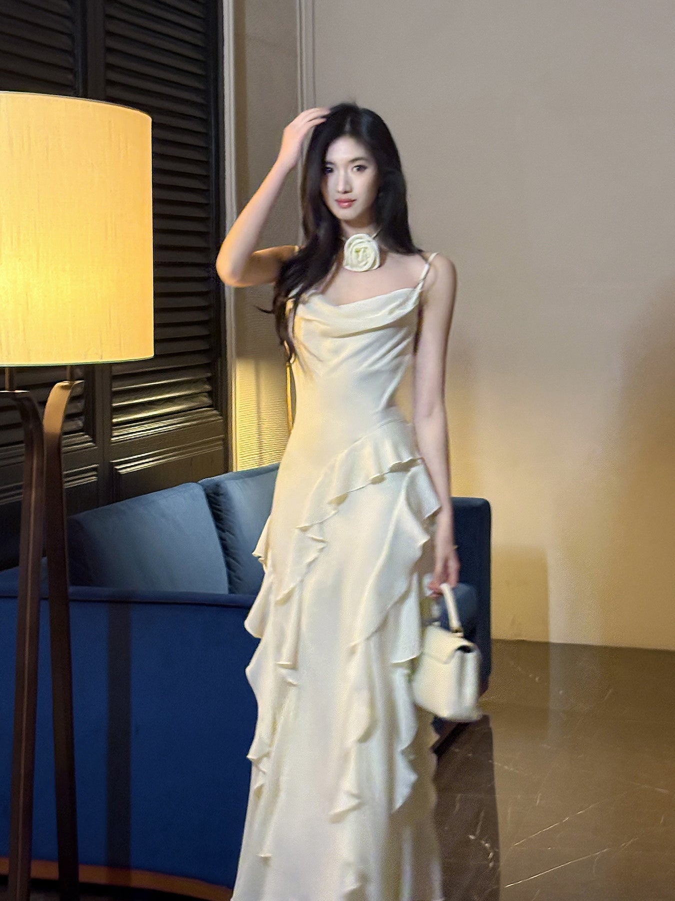 Birthday Evening Gowns Off-White Spaghetti Straps Chiffon Ruffles A-Line Prom Dresses HZ1024