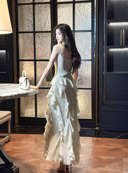 Birthday Evening Gowns Off-White Spaghetti Straps Chiffon Ruffles A-Line Prom Dresses HZ1024